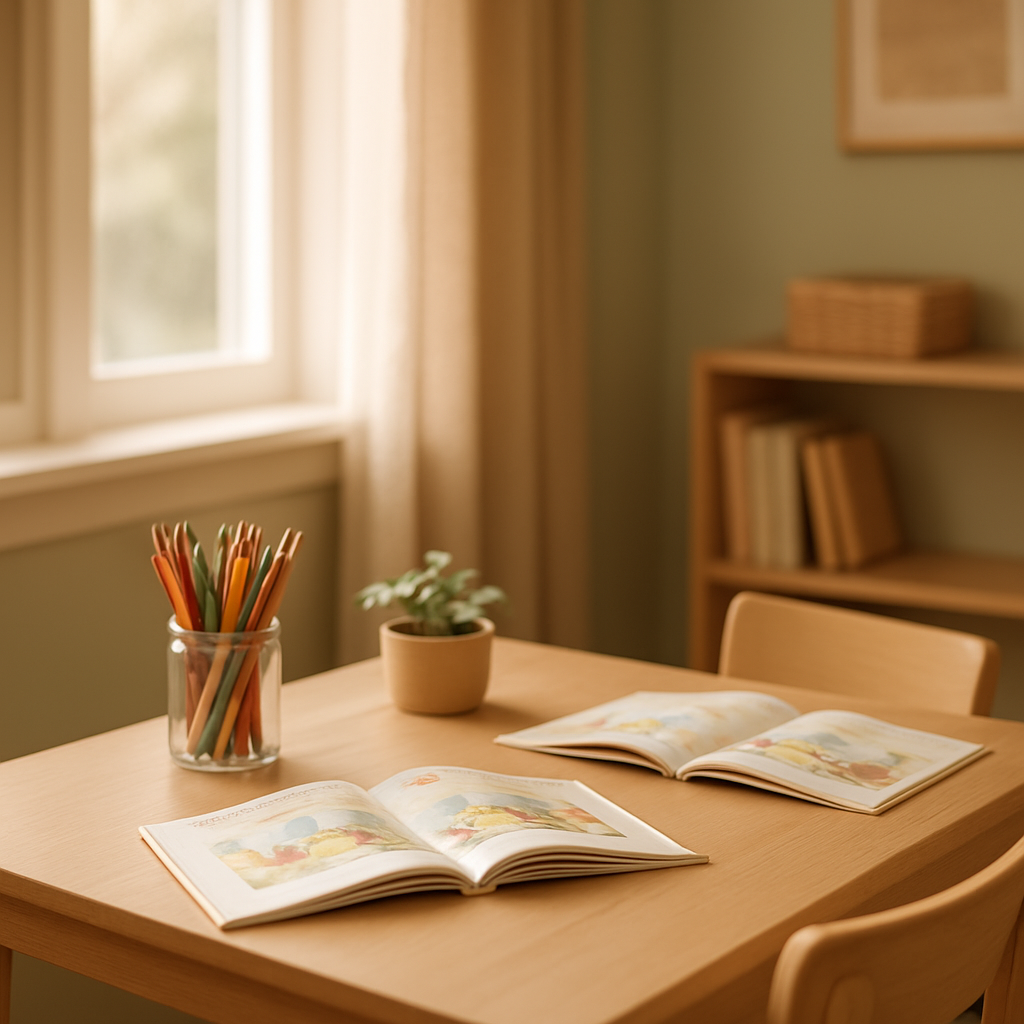 A calm, light-filled tutoring studio with a tidy wooden desk, open children's books and a small plant by the window